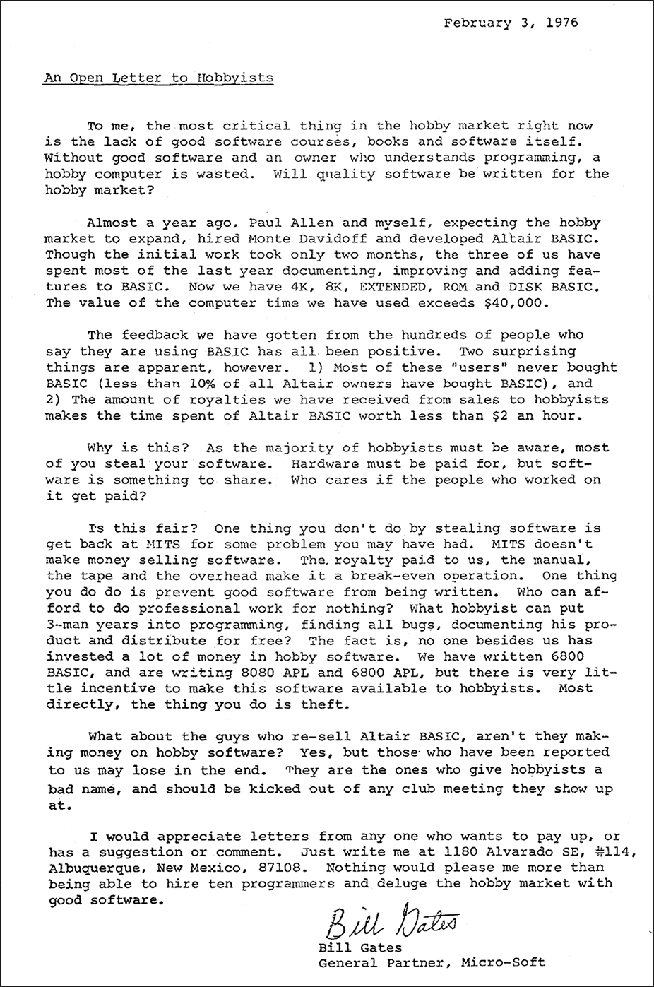 Bill Gates' Open Letter 1976